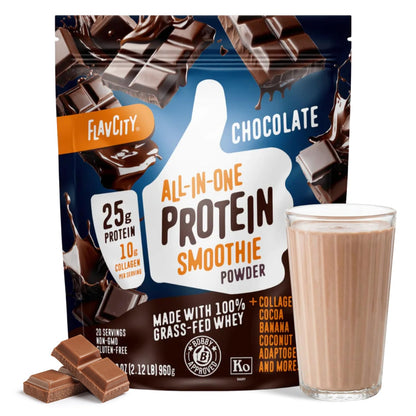 FlavCity Chocolate All in One Protein Shake Powder - On the Go Meal Alternative + Collagen Peptides, Reishi & Cordyceps - Focus, Skin, Hair & Joint Support