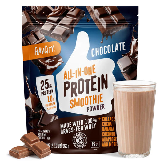 FlavCity Chocolate All in One Protein Shake Powder - On the Go Meal Alternative + Collagen Peptides, Reishi & Cordyceps - Focus, Skin, Hair & Joint Support
