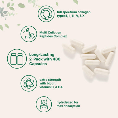 Micro Ingredients 2 Pack Multi Collagen Pills for Women & Men, 480 Capsules | Type I, II, III, V, X | Hydrolyzed Protein Peptides with Biotin,