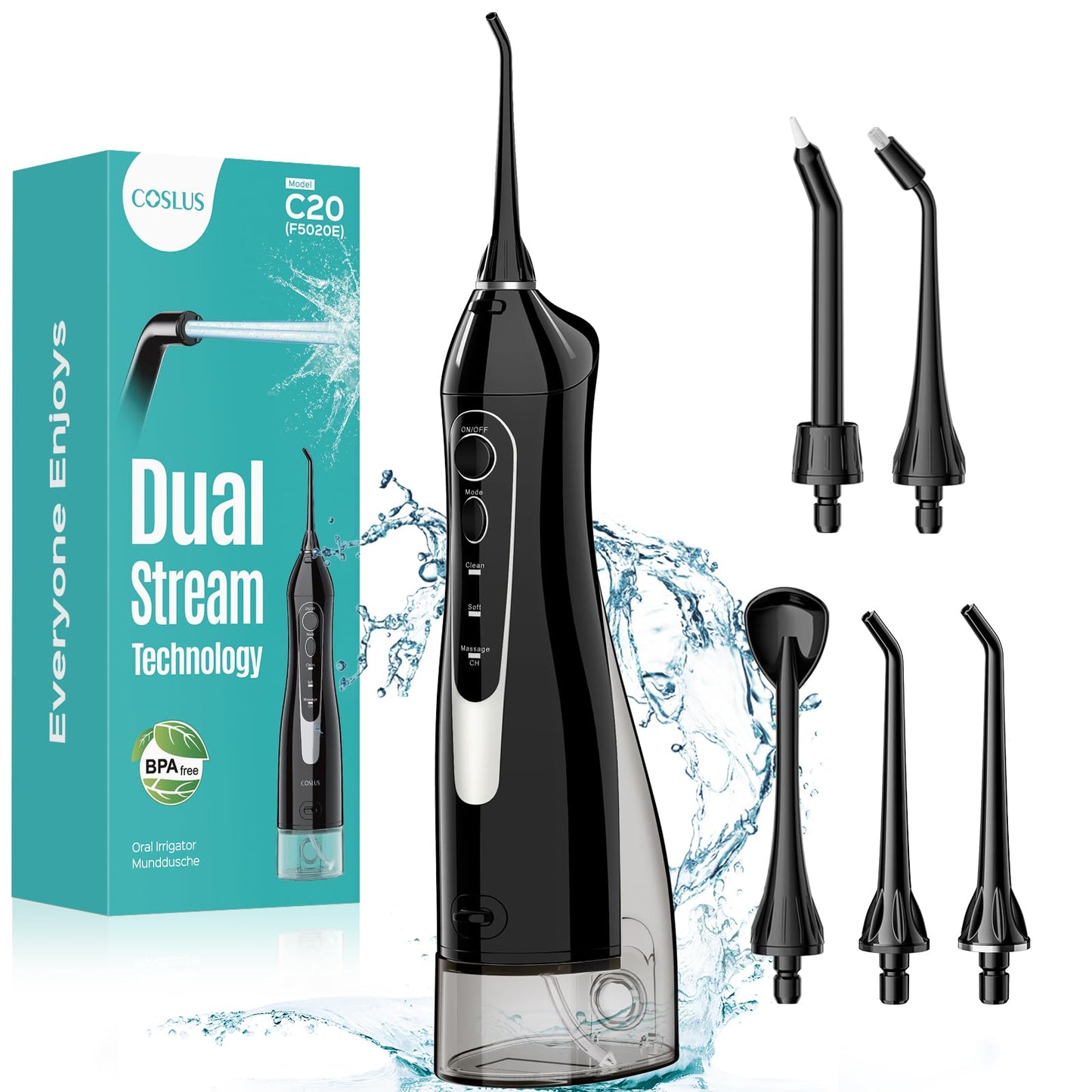 COSLUS Water Dental Flosser Teeth Pick C20: ADA Accepted, Portable Cordless Oral Irrigator 300ML Rechargeable Travel Irrigation Cleaner IPX7 Waterproof Electric