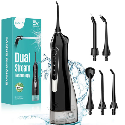 COSLUS Water Dental Flosser Teeth Pick C20: ADA Accepted, Portable Cordless Oral Irrigator 300ML Rechargeable Travel Irrigation Cleaner IPX7 Waterproof Electric