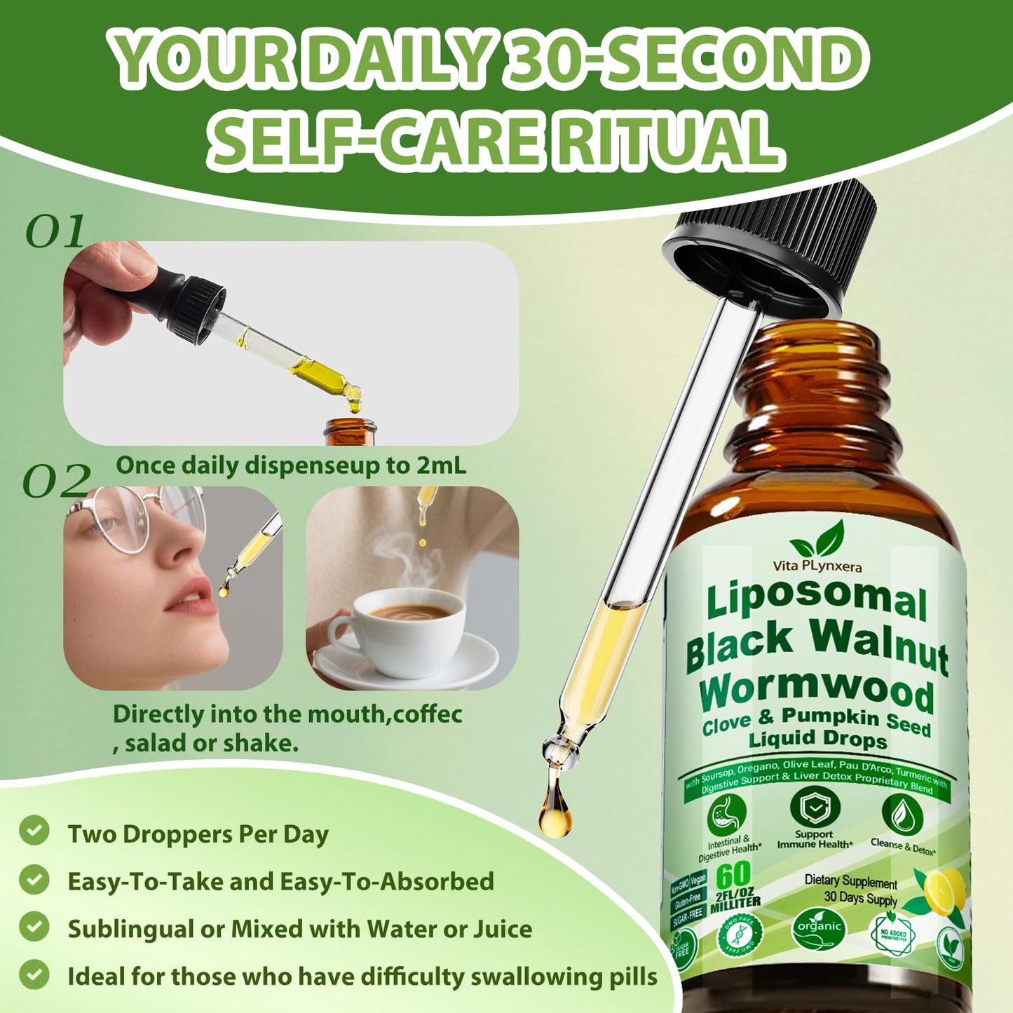 Wormwood Black Walnut Clove Cleanse Drops for Human, 15-in-1 Triple-Action Gut Detox & Digestive Wellness Organic Liquid Tincture w. Soursop PAU