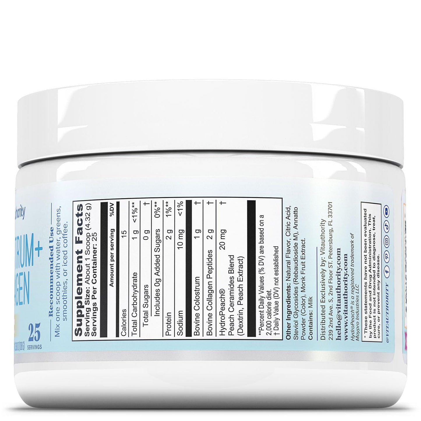 Colostrum Collagen Powder Hydrolyzed Peptide HydroPeach Gut Health Skin & Immune Support | 1g Bovine Colostrum, 2g Collagen Peptides, 20mg Peach Ceramides