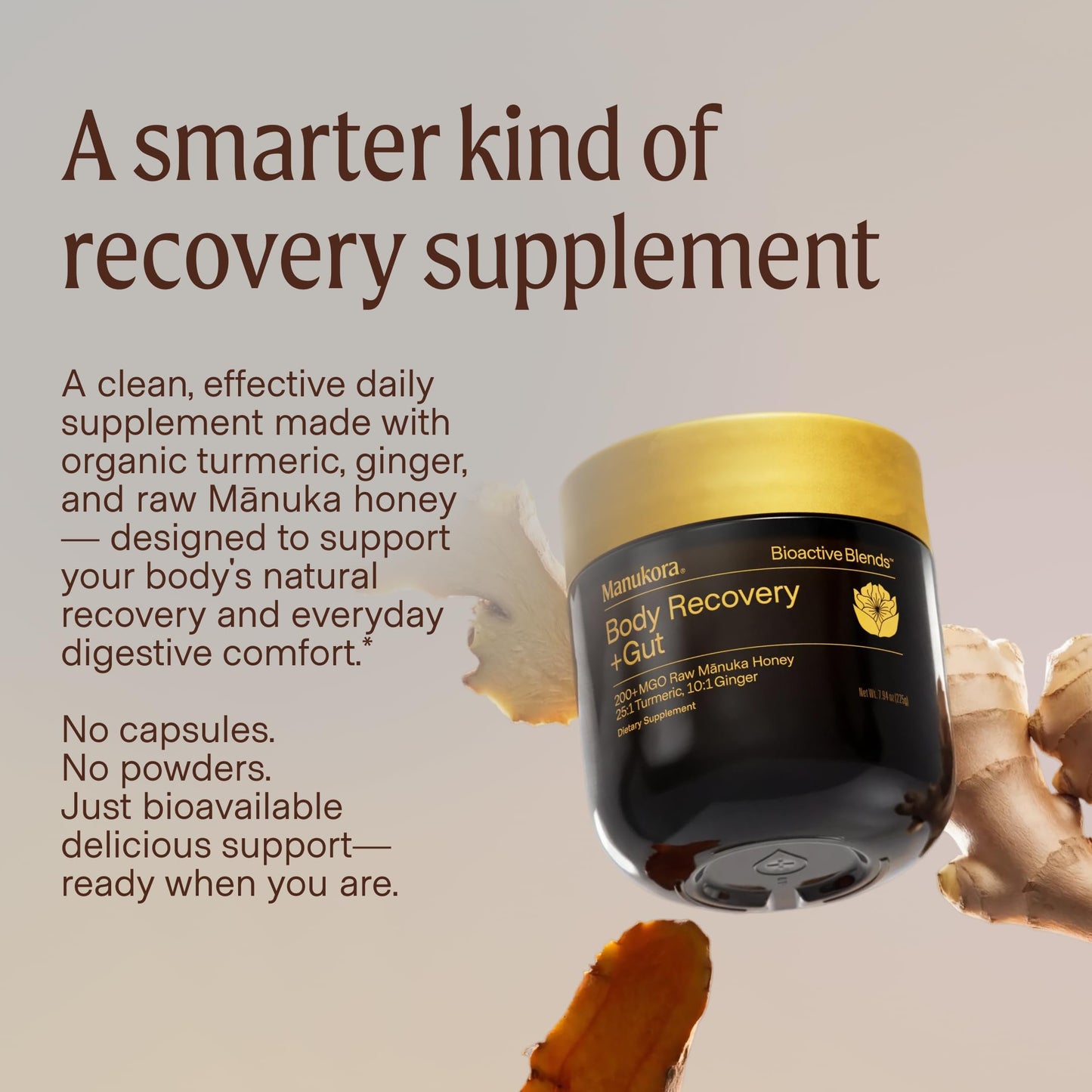 Manukora Body Recovery + Gut Supplement, Turmeric & Ginger with Manuka Honey, Supports Recovery, Gut Health & Digestive Comfort, Improved Absorption, 3rd-Party Tested, Non-GMO, 225g Jar