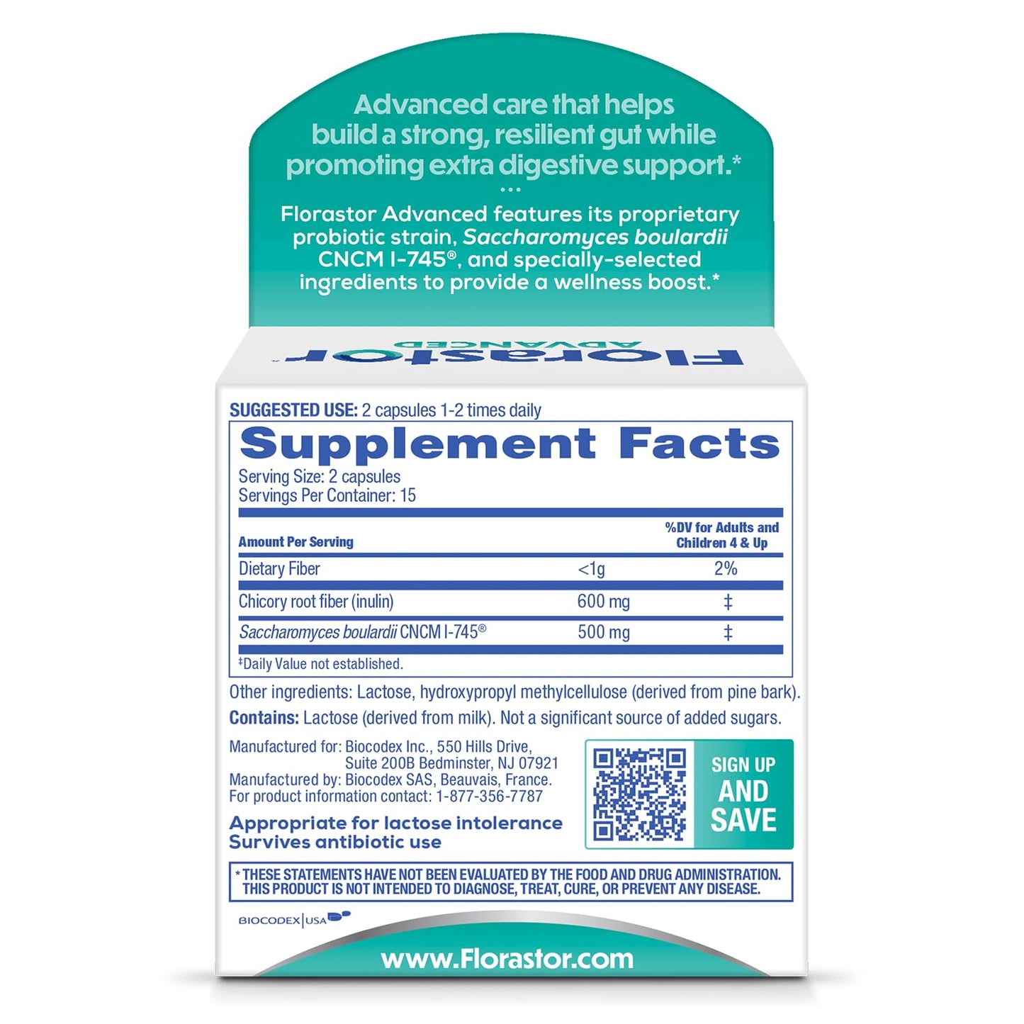 Florastor Advanced Pro+Pre Daily Probiotic and Prebiotic Supplement for Women and Men, Boosts Good Bacteria, Saccharomyces Boulardii