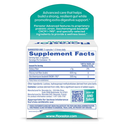 Florastor Advanced Pro+Pre Daily Probiotic and Prebiotic Supplement for Women and Men, Boosts Good Bacteria, Saccharomyces Boulardii
