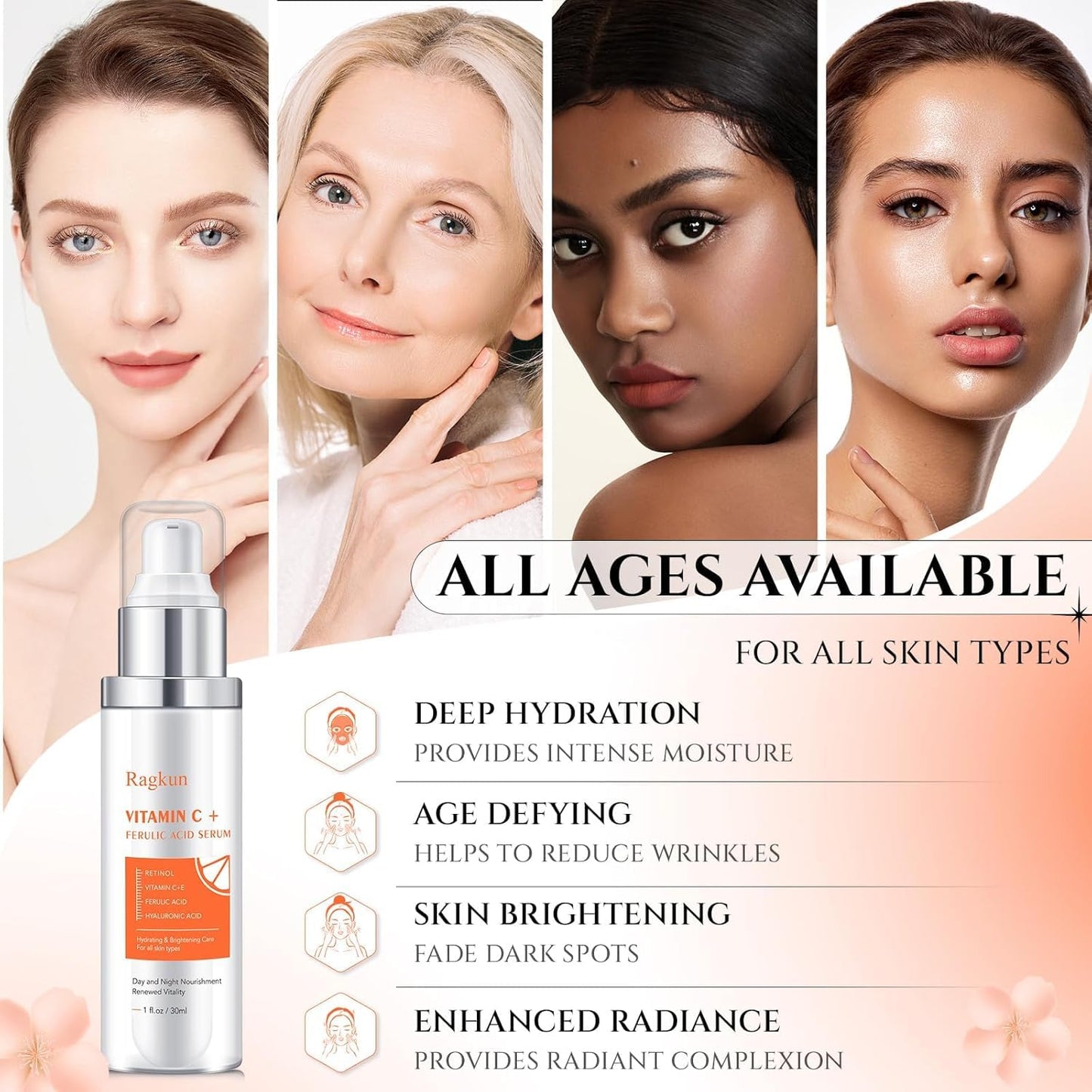 Ragkun 20% Vitamin C Serum, Retinol Serum for Face, Dark Spot Remover for Face, CE Ferulic Acid, Hyaluronic Acid, Hydrate & Plump Skin Care
