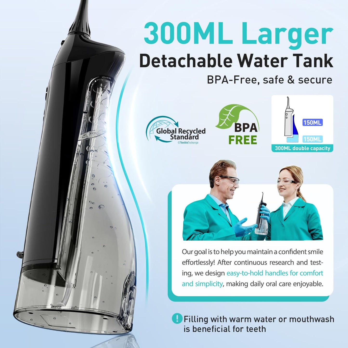 COSLUS Water Dental Flosser Teeth Pick C20: ADA Accepted, Portable Cordless Oral Irrigator 300ML Rechargeable Travel Irrigation Cleaner IPX7 Waterproof Electric