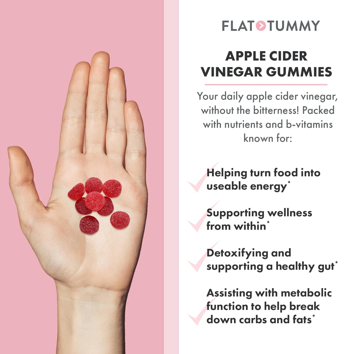 Flat Tummy Apple Cider Vinegar Gummies, 60 Count – ACV Gummies, Detox, Support Gut Health – Vegan-Friendly, Non-GMO - Beet and Pomegranate