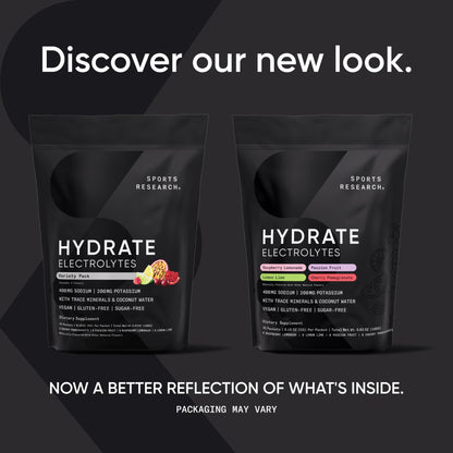 Sports Research® Hydrate Electrolytes Powder Packets - Sugar-Free & Naturally Flavored with Vitamins, Minerals, and Coconut Water