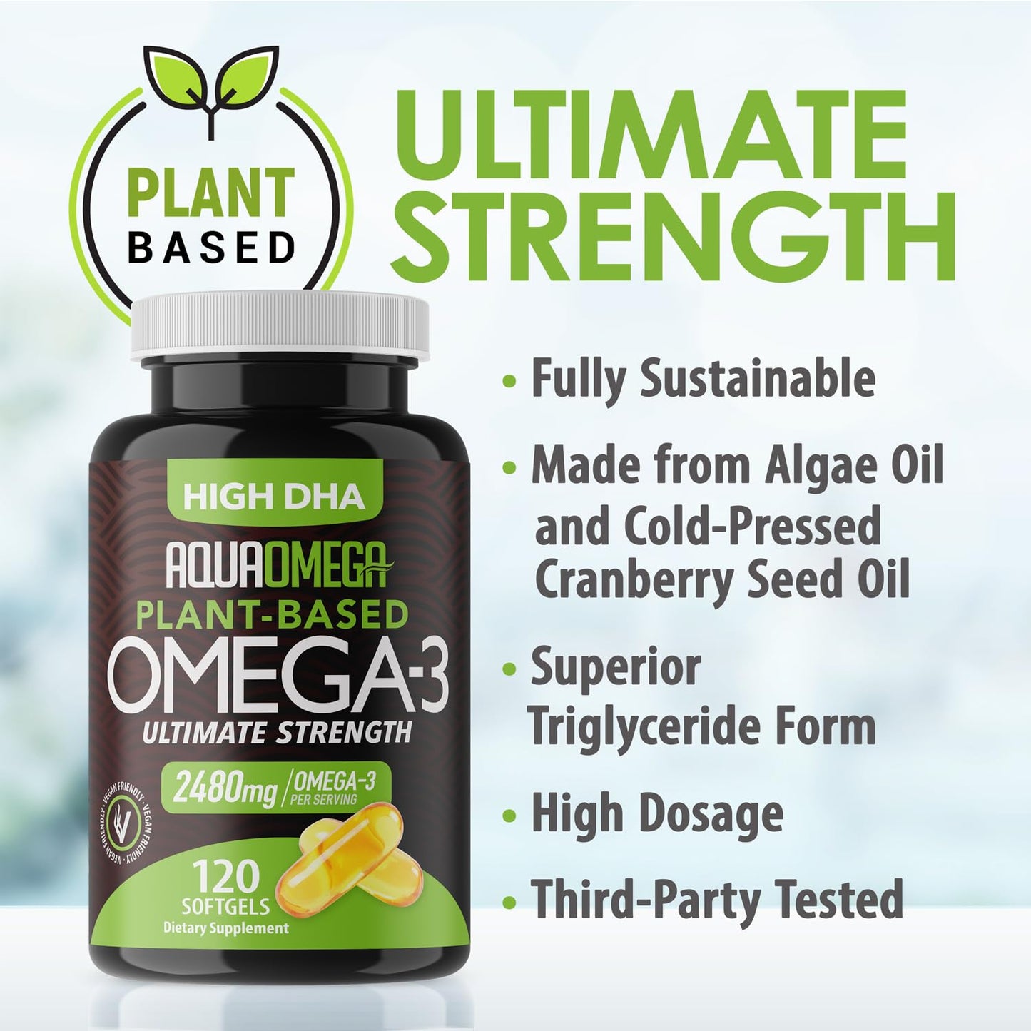 Ultimate Strength Plant Based Omega 3 Supplements, Organic EPA and DHA Omega 3 Fatty Acid Supplements from Algae Oil, No Fishy Aftertaste, 120 Softgels