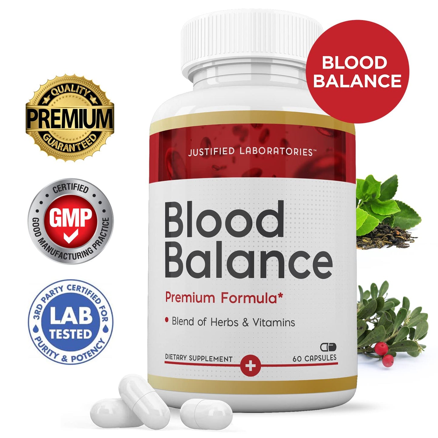 Justified Laboratories Blood Balance - 60 Capsules, Pack of 2 - Advanced Circulatory Support Formula with a Blend of Herbs & Vitamins - 60 Servings