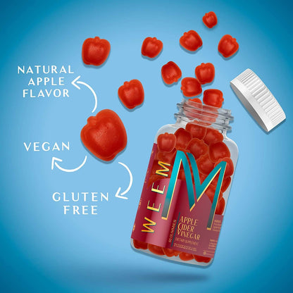 WEEM Apple Cider Vinegar Gummies - Natural, Vegan ACV with Folic Acid- Gluten Free - Vitamin B12 - Premium Detox & Weight Supplement-
