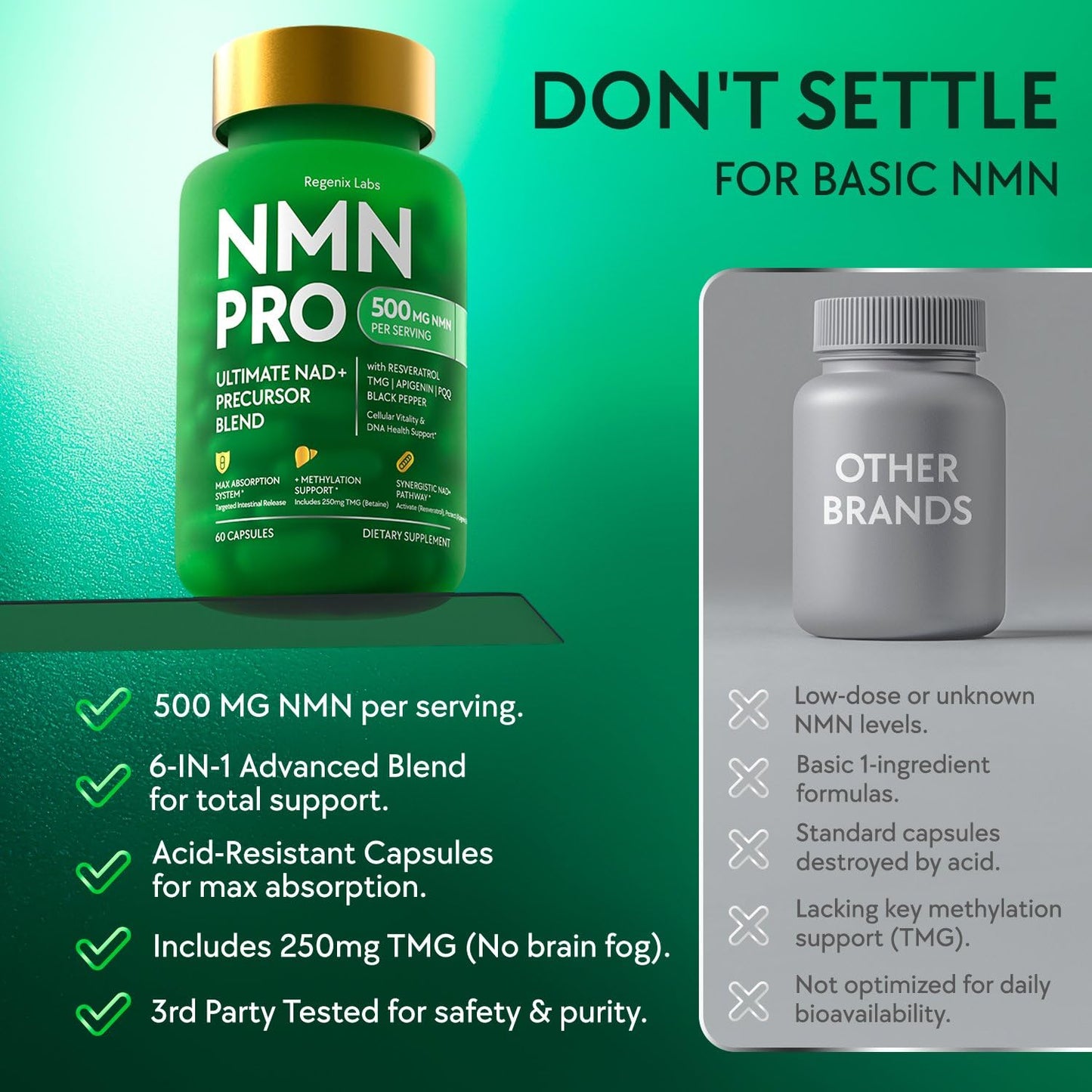 NMN Supplement 500mg - NAD Supplement with Resveratrol, TMG, Apigenin, PQQ, and Black Pepper Extract - 6-in-1 Acid-Resistant Vegan Pills Complex