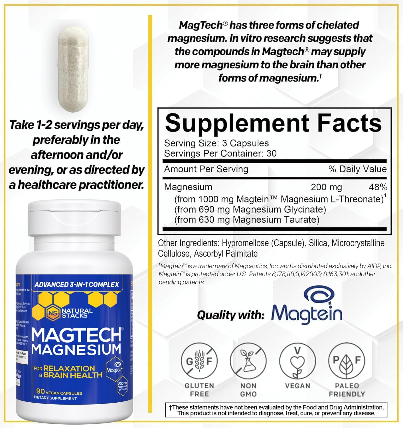 MagTech Magnesium Complex for Women & Men - 3 Forms of Magnesium: Glycinate, Magtein L-Threonate & Taurate - 200mg Chelated Complex