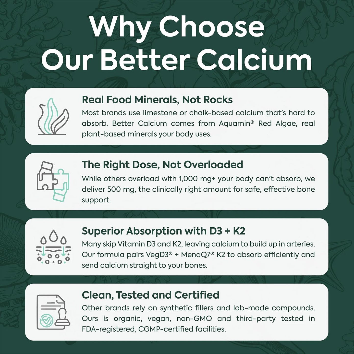 Organics Ocean Better Calcium - Organic Red Algae Calcium with Vitamin D3 and K2 Supplements - Supports Bone Structure, Joint Comfort & Encourages Healthy Aging