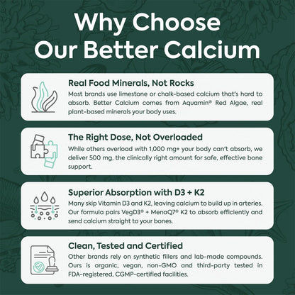 Organics Ocean Better Calcium - Organic Red Algae Calcium with Vitamin D3 and K2 Supplements - Supports Bone Structure, Joint Comfort & Encourages Healthy Aging