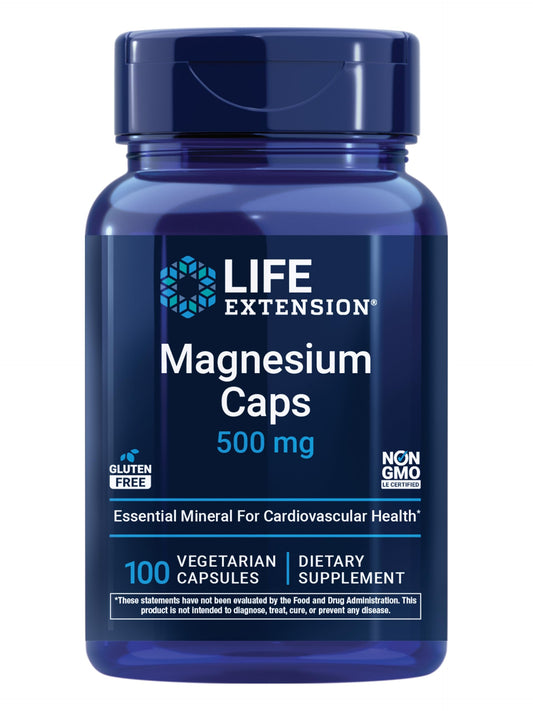 Blue bottle of Life Extension Magnesium Caps on a white background