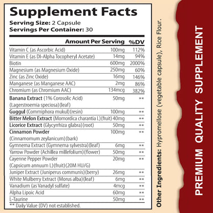 WINYEL Blood Sugar Complex Supplement - with Cinnamon, Bitter Melon, Chromium, Mulberry, Alpha Lipoic Acid, 60 Capsules