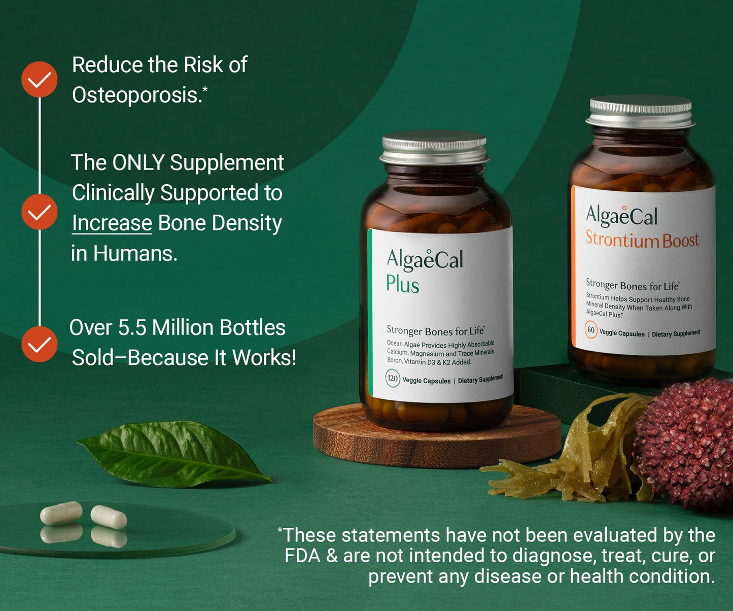 ALGAECAL Bone Builder Pack - Plant Based Calcium Supplement & Strontium - Organic Calcium 750mg with Vitamin D3 1600 IU, Vitamin K2, Magnesium