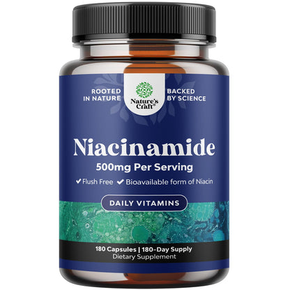 Pure Vitamin B3 Niacinamide 500mg Capsules - Niacinamide (Vit B3) 500mg Flush Free Form of B3 Vitamins for Skin Health Detox & NAD Production Support for Women & Men