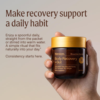Manukora Body Recovery + Gut Supplement, Turmeric & Ginger with Manuka Honey, Supports Recovery, Gut Health & Digestive Comfort, Improved Absorption, 3rd-Party Tested, Non-GMO, 225g Jar
