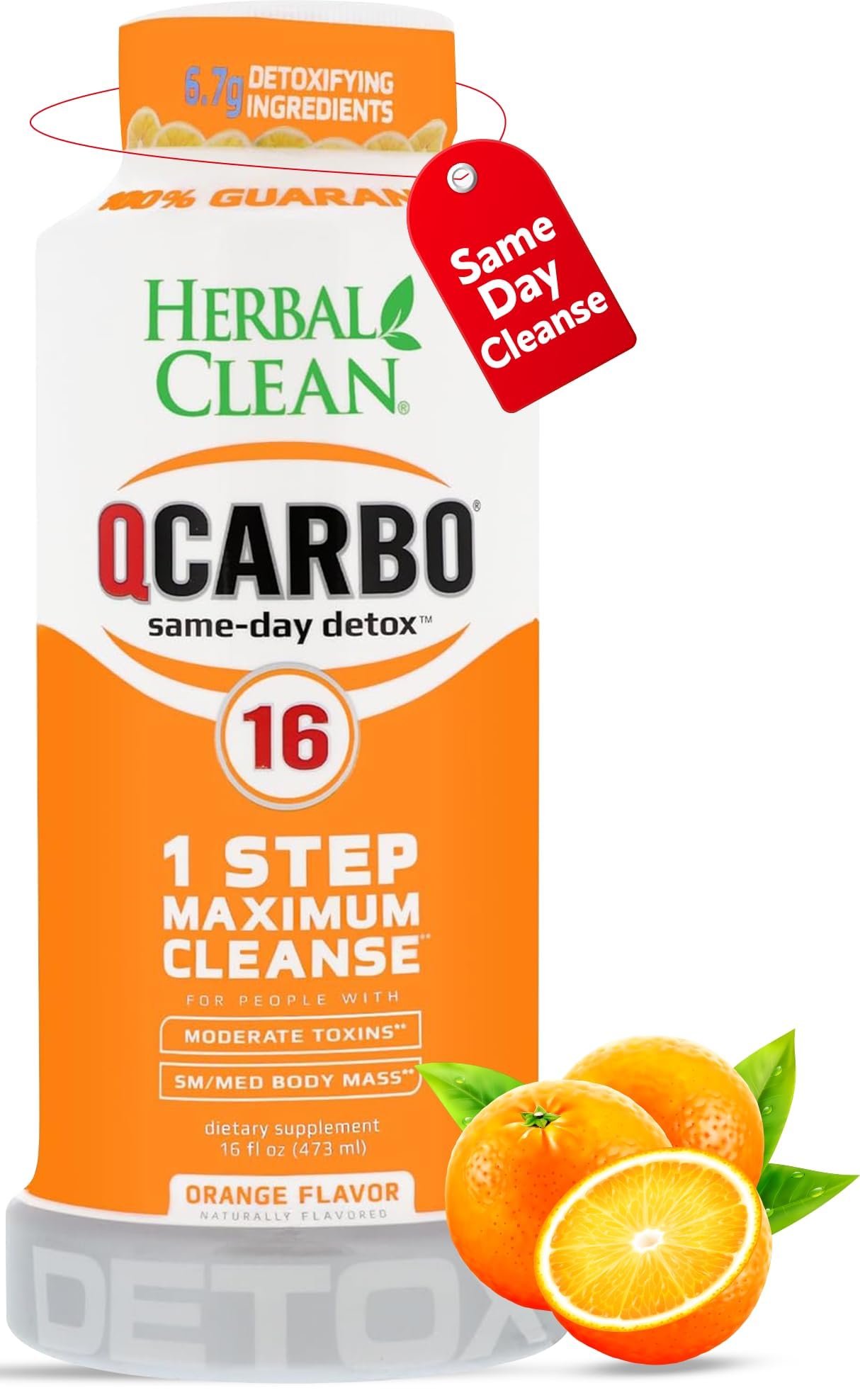 Herbal Clean Qcarbo16 Same-Day Detox Cleanse Drink (16 fl oz) - Orange Flavor Full Body Cleanse* Detox Drink for Moderate Toxin Level