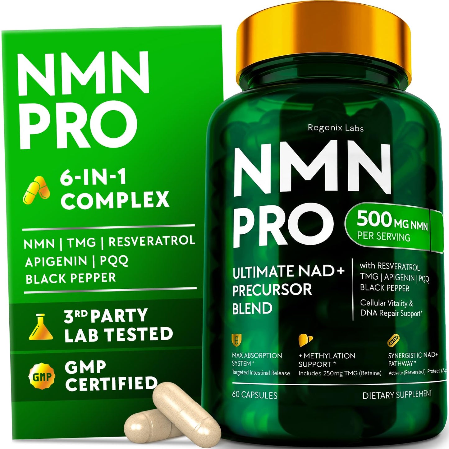 NMN Supplement 500mg - NAD Supplement with Resveratrol, TMG, Apigenin, PQQ, and Black Pepper Extract - 6-in-1 Acid-Resistant Vegan Pills Complex