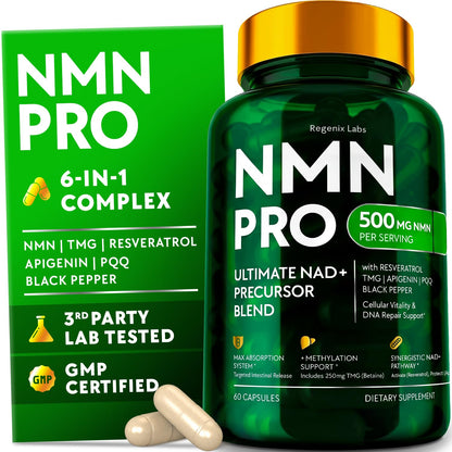 NMN Supplement 500mg - NAD Supplement with Resveratrol, TMG, Apigenin, PQQ, and Black Pepper Extract - 6-in-1 Acid-Resistant Vegan Pills Complex