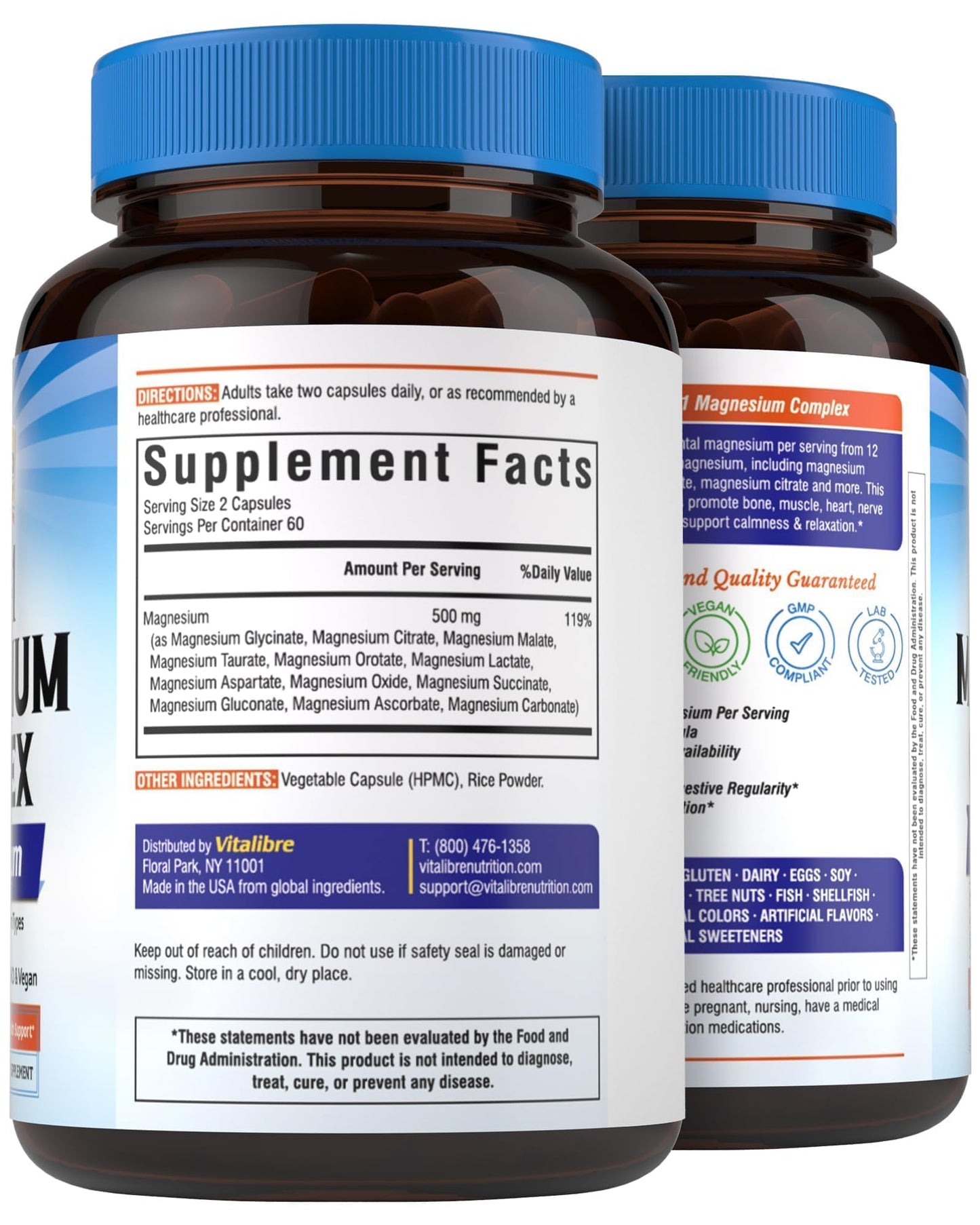 Vitalibre 12 in 1 Magnesium Complex Supplement 500mg | Max Absorption Chelated Magnesium Glycinate Citrate Malate & More for Bone, Nerve & Digestive Support | Non-GMO Vegan Capsules (120 Count) Vitalibre buy supplements Au