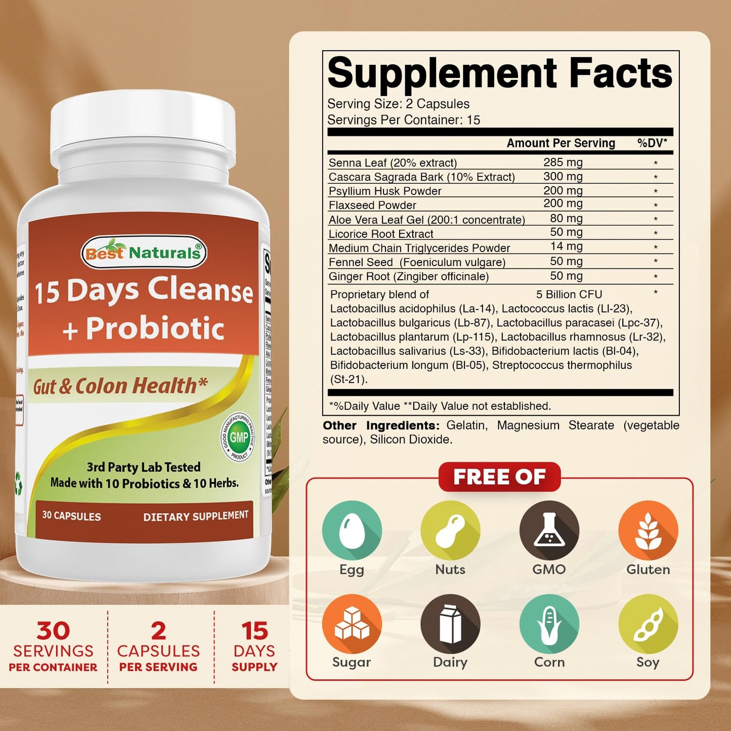 Best Naturals 15 Day Gut & Colon Cleanse + Probiotics for Women & Men with Senna, Cascara Sagrada & Psyllium Husk- 30 Capsules - Non-GMO & Gluten Free.
