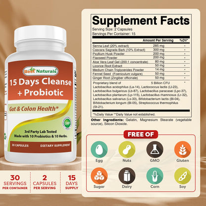 Best Naturals 15 Day Gut & Colon Cleanse + Probiotics for Women & Men with Senna, Cascara Sagrada & Psyllium Husk- 30 Capsules - Non-GMO & Gluten Free.