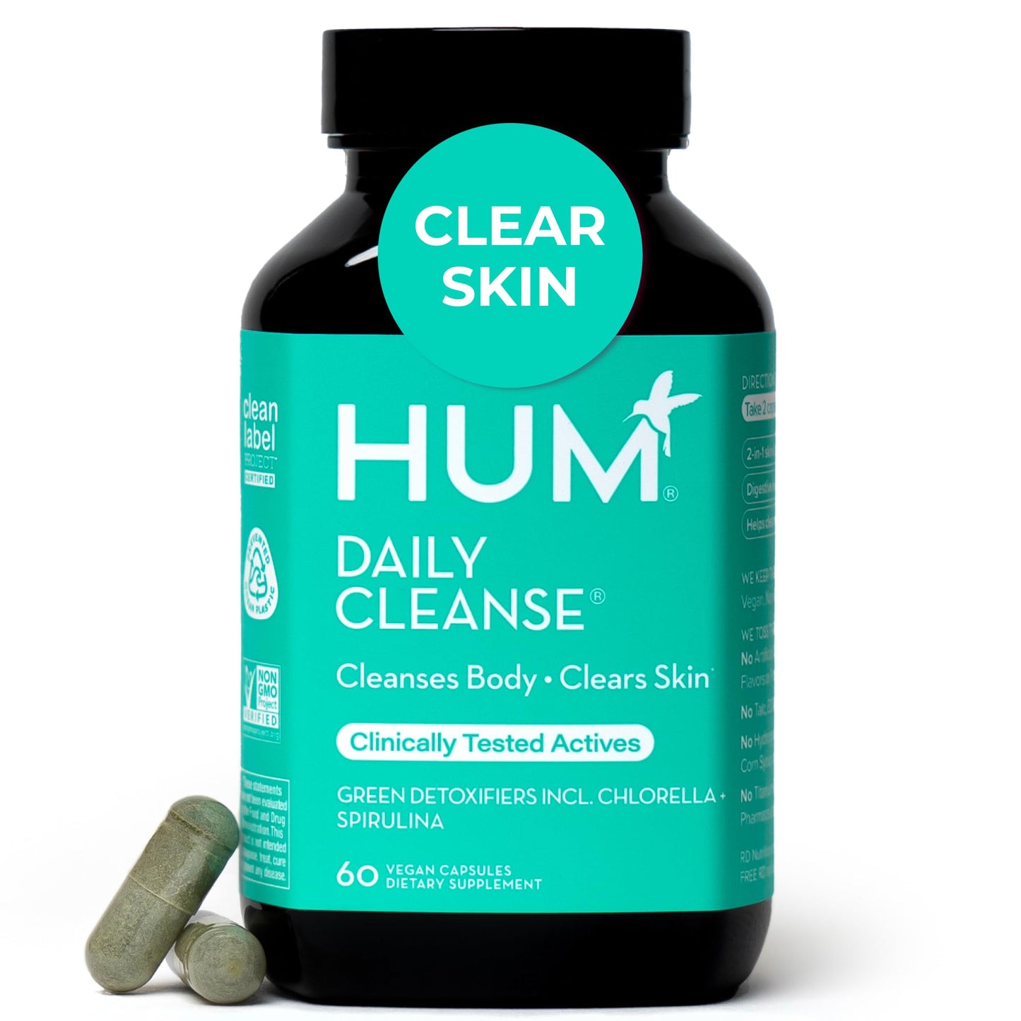 HUM Daily Cleanse Acne Supplements for Women & Men, Gentle Digestive Cleanse for Clear Skin Support, Zinc, Spirulina, Chlorella, Detoxifying Herbs, Organic Algae