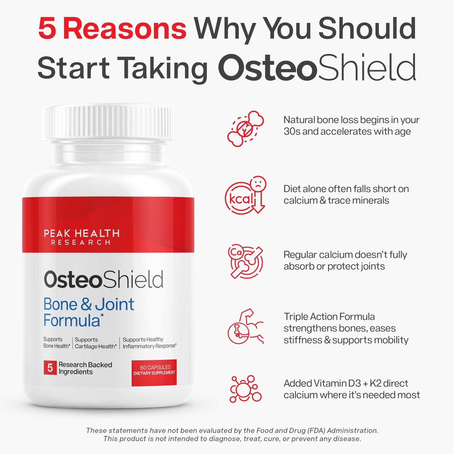 OsteoShield Peak Health Research - Bone & Joint Formula - Calcium Supplements for Women & Men with Vitamin D3, K2 & Aquamin