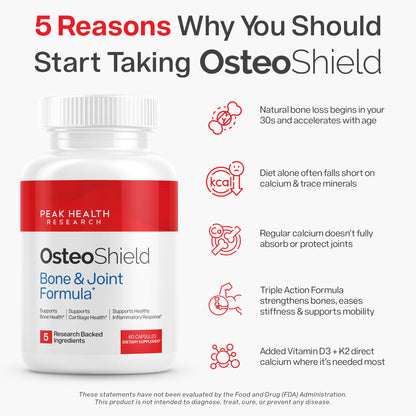 OsteoShield Peak Health Research - Bone & Joint Formula - Calcium Supplements for Women & Men with Vitamin D3, K2 & Aquamin
