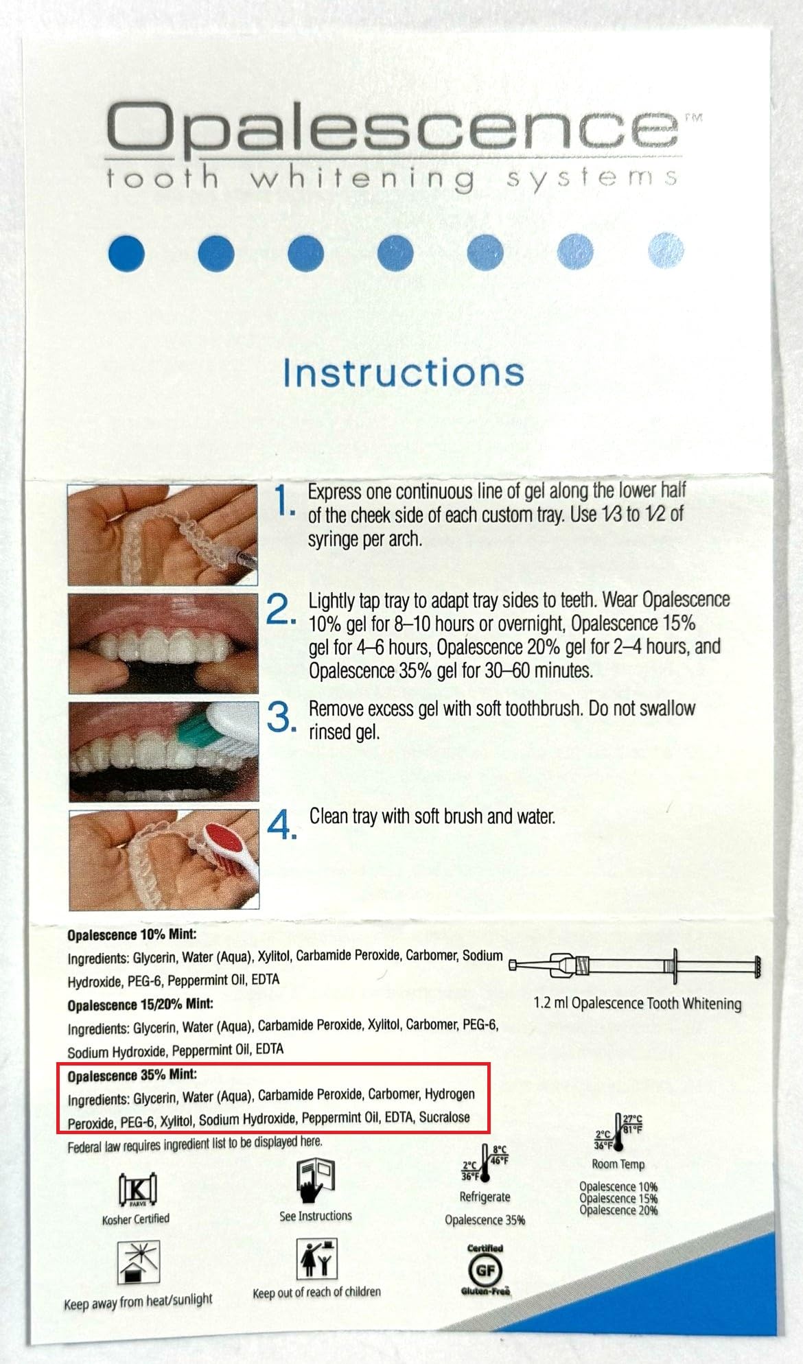 Opalescence 35% CP Mint - Gel Syringes Teeth Whitening - Refill Kit - Carbamide Peroxide Gel. Made by Ultradent