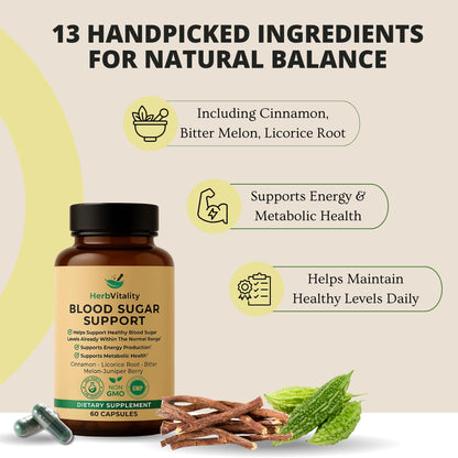Herb Vitality Blood Sugar Support Supplement with Cinnamon, Bitter Melon – Supports Healthy Blood Sugar Levels Already Within Normal ranges