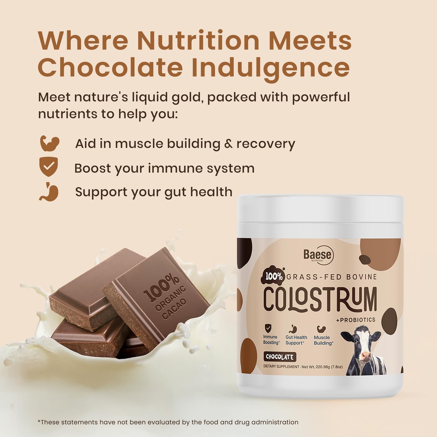 Baese Nutrition Organic Chocolate 4000mg Grass Fed Bovine Colostrum Powder + Probiotics Colostrum Supplement for Kids