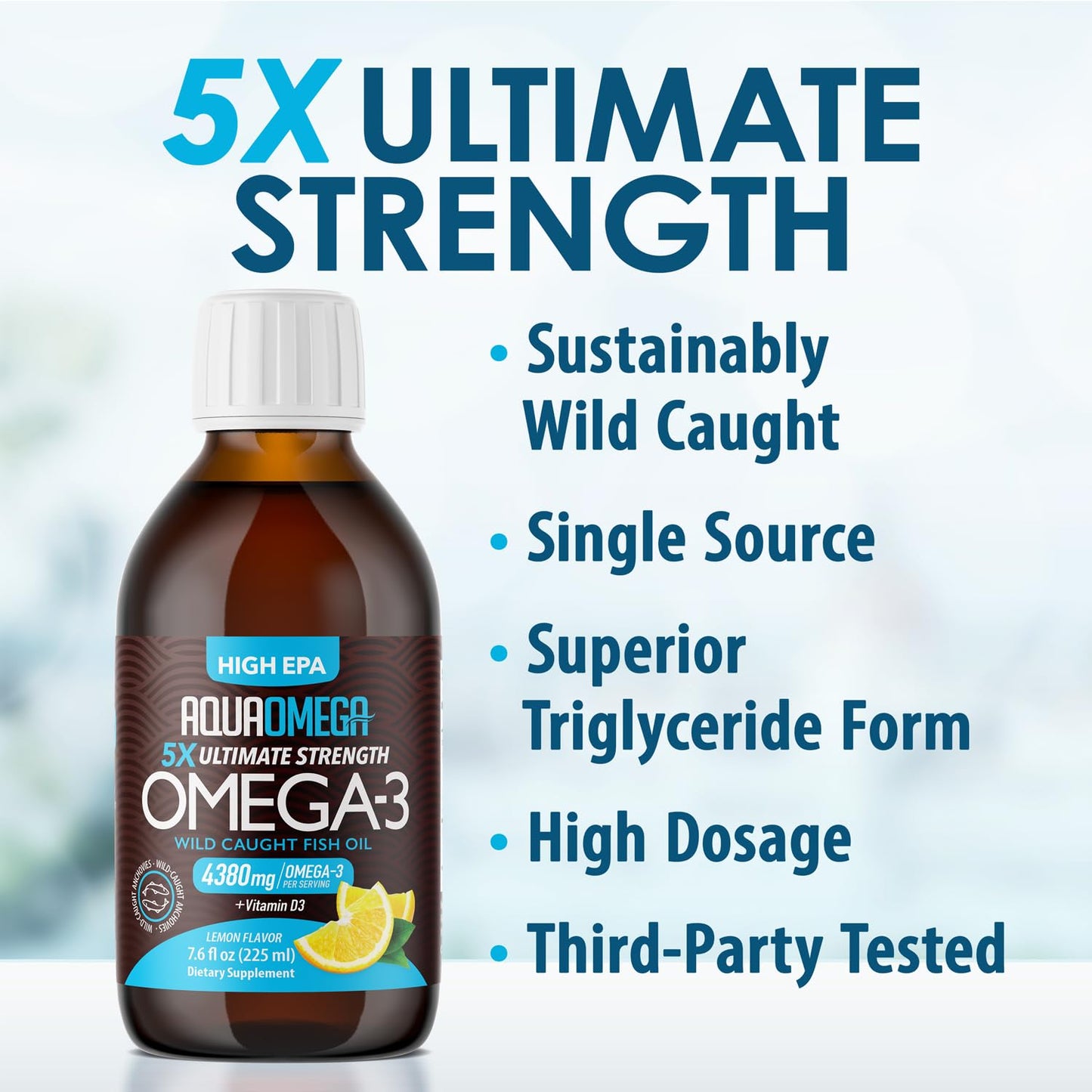5X Ultimate Strength Omega 3 Fish Oil Liquid with Vitamin D, Burpless Liquid Fish Oil Supplements with High EPA and DHA Omega