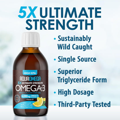 5X Ultimate Strength Omega 3 Fish Oil Liquid with Vitamin D, Burpless Liquid Fish Oil Supplements with High EPA and DHA Omega