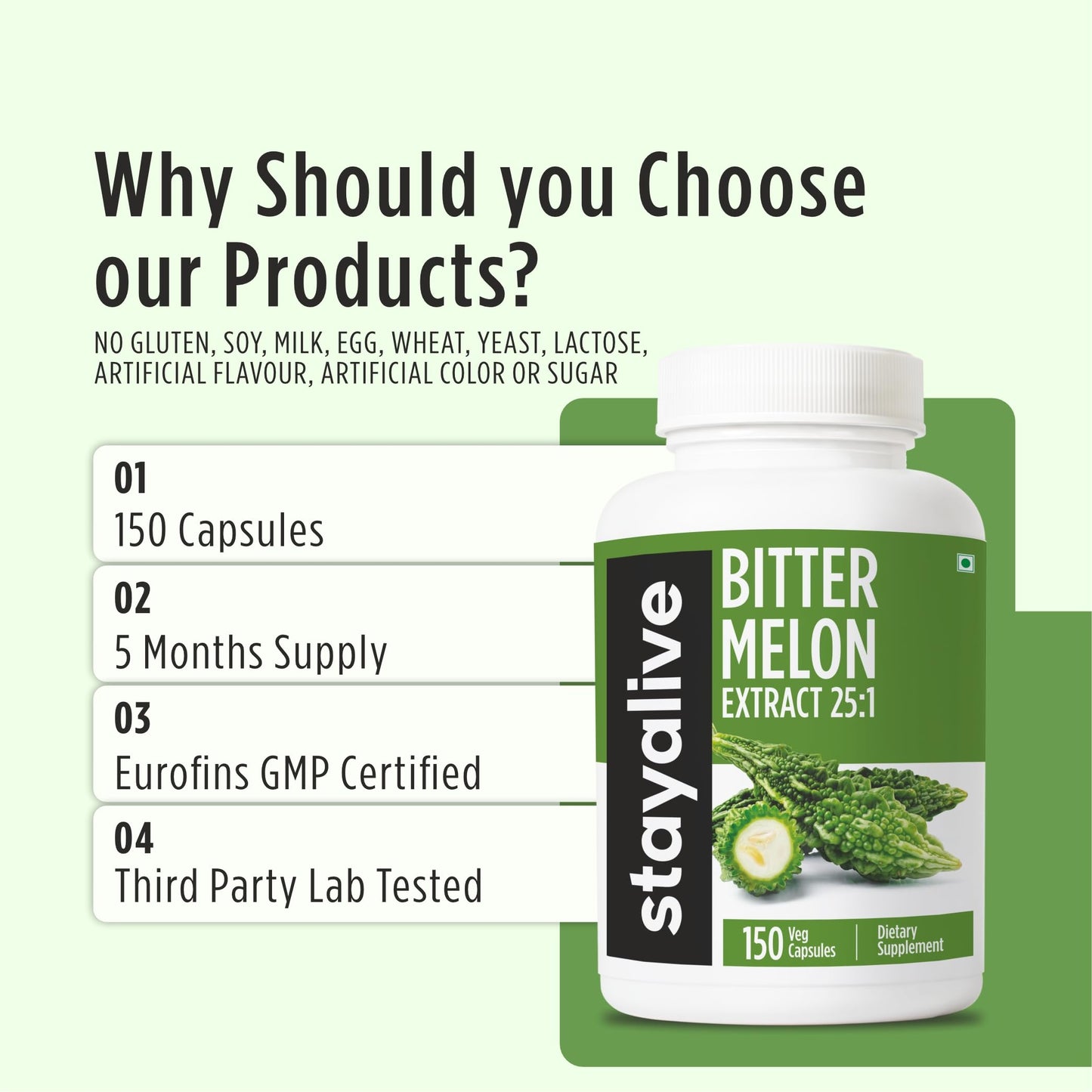 STAY ALIVE Extra Strength Bitter Melon Capsules, 10% Bitter Principles, 150 Pills, 25X Concentrated Powder, 5 Month Supply, Non-GMO & Gluten Free