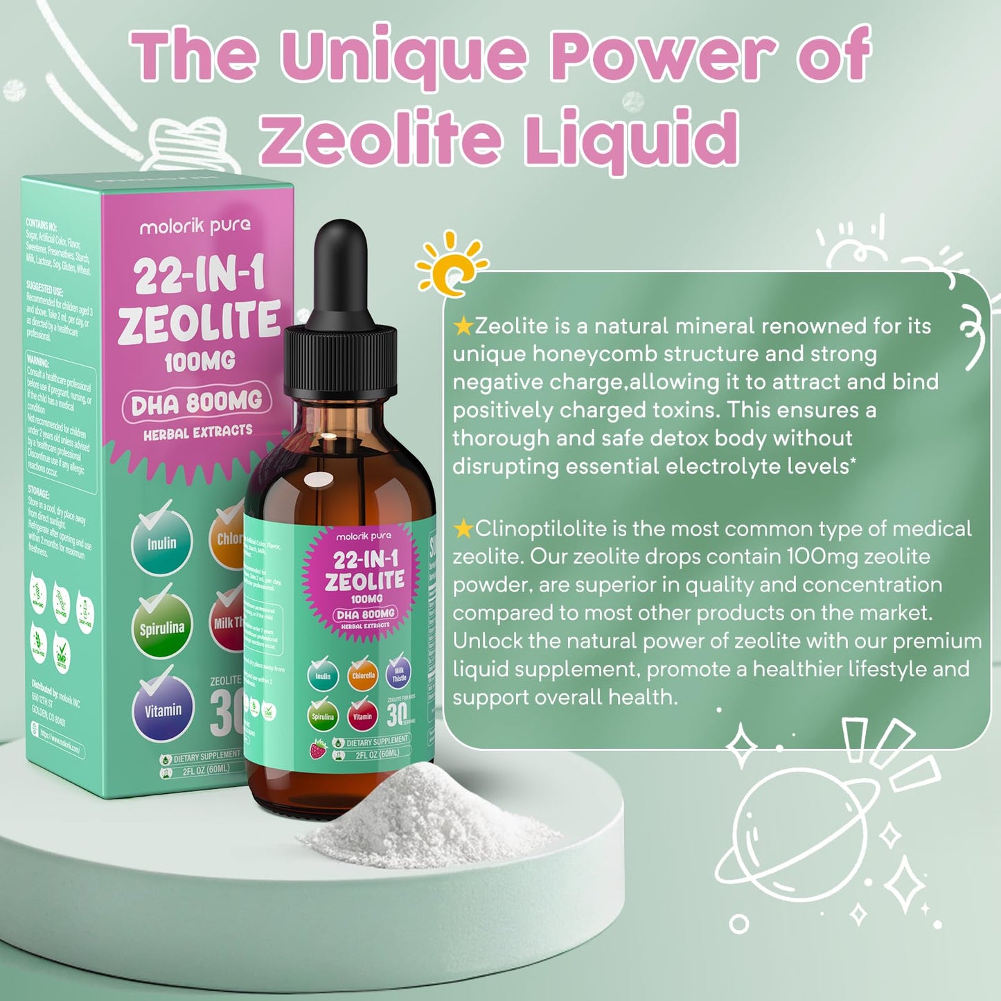 Zeolite Detox for Kids and Adults, Herbal Detox with 800mg DHA, 500mg Inulin, Probiotics & Vitamin B12, D3, C, B6, Cilantro Extract Cleanse to Support Brain,