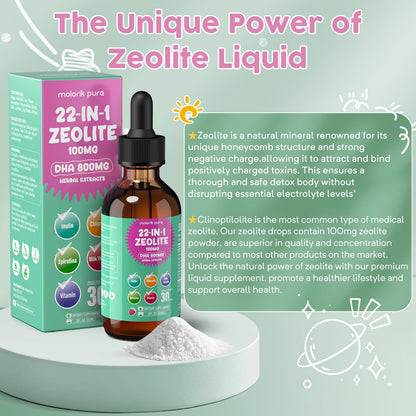 Zeolite Detox for Kids and Adults, Herbal Detox with 800mg DHA, 500mg Inulin, Probiotics & Vitamin B12, D3, C, B6, Cilantro Extract Cleanse to Support Brain,