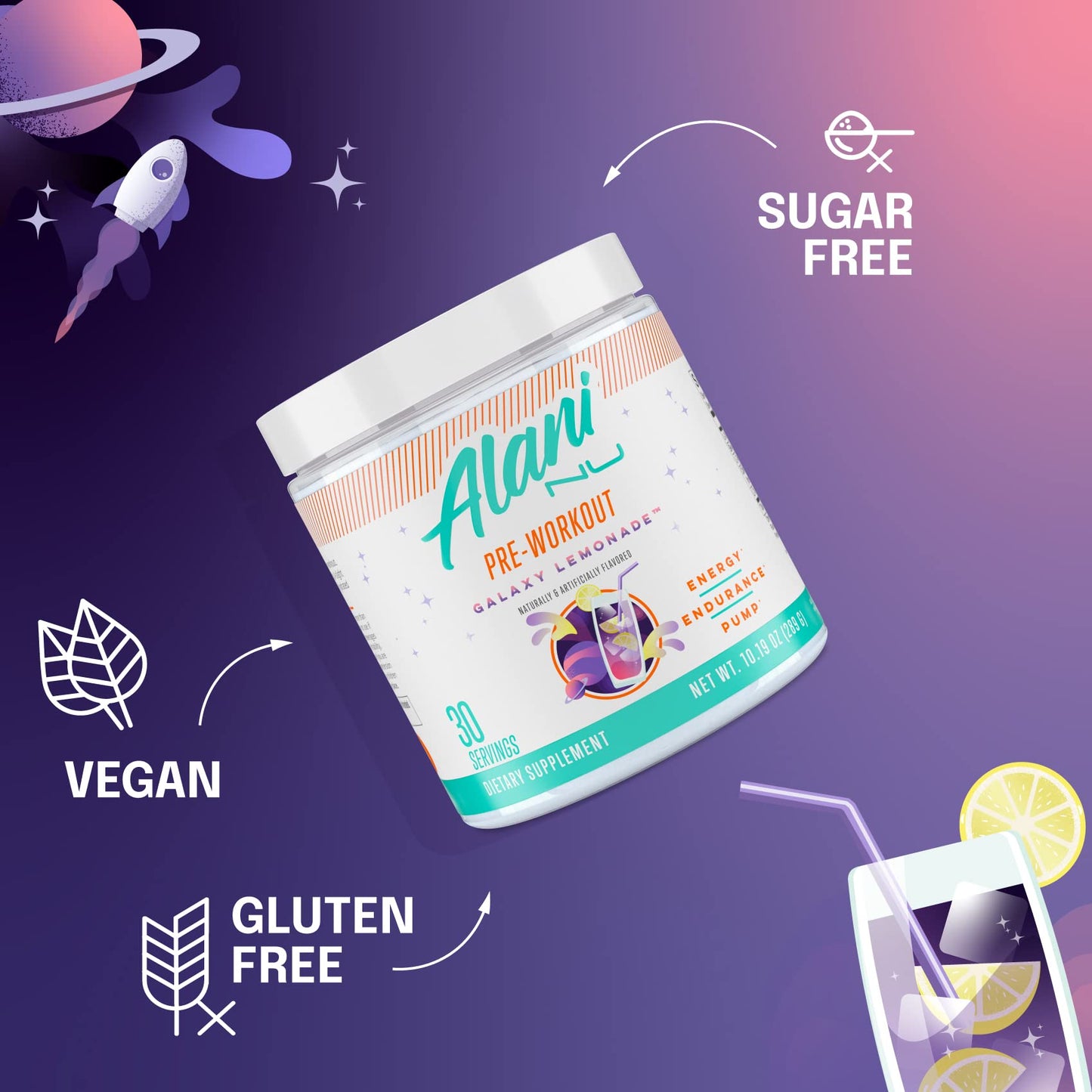 Alani Nu Pre Workout Powder GLAXAY Lemonade, Amino Energy Boost, Endurance Supplement, Sugar Free, 200mg Caffeine, L-Theanine, Beta-Alanine, L-Citrulline, 30 Servings