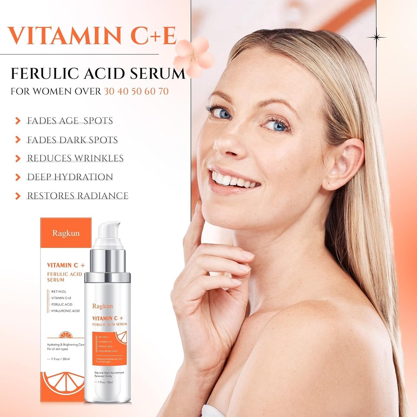 Ragkun 20% Vitamin C Serum, Retinol Serum for Face, Dark Spot Remover for Face, CE Ferulic Acid, Hyaluronic Acid, Hydrate & Plump Skin Care