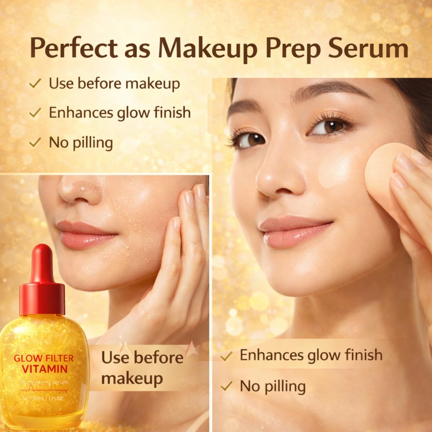 Glow Filter Vitamin Face Serum, Illuminating Glow Facial Serum for Glowing Skin, Hydrating Lightweight Makeup Prep Serum, Radiance Boost