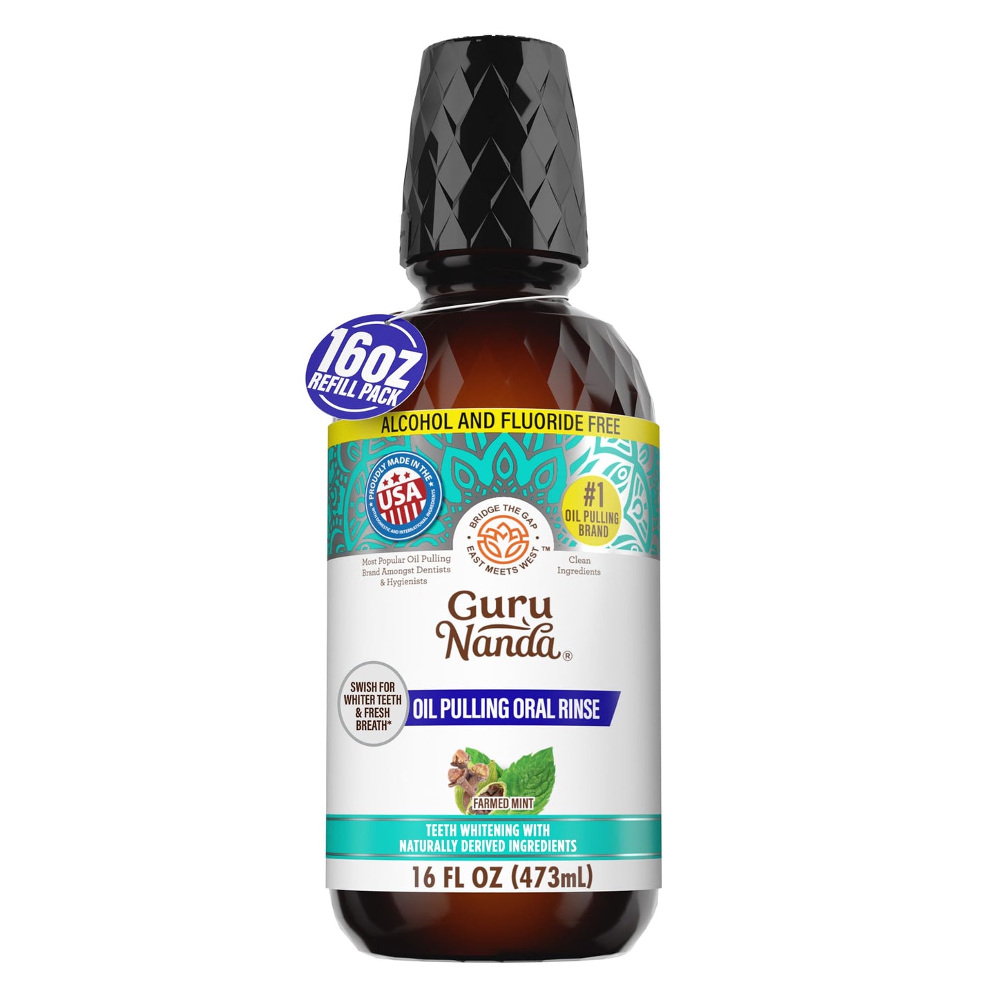 GuruNanda Farmed Mint Oil Pulling Mouthwash for Complete Oral Hygiene, 7 Essential Oils & Vitamins for Happy Teeth & Gums