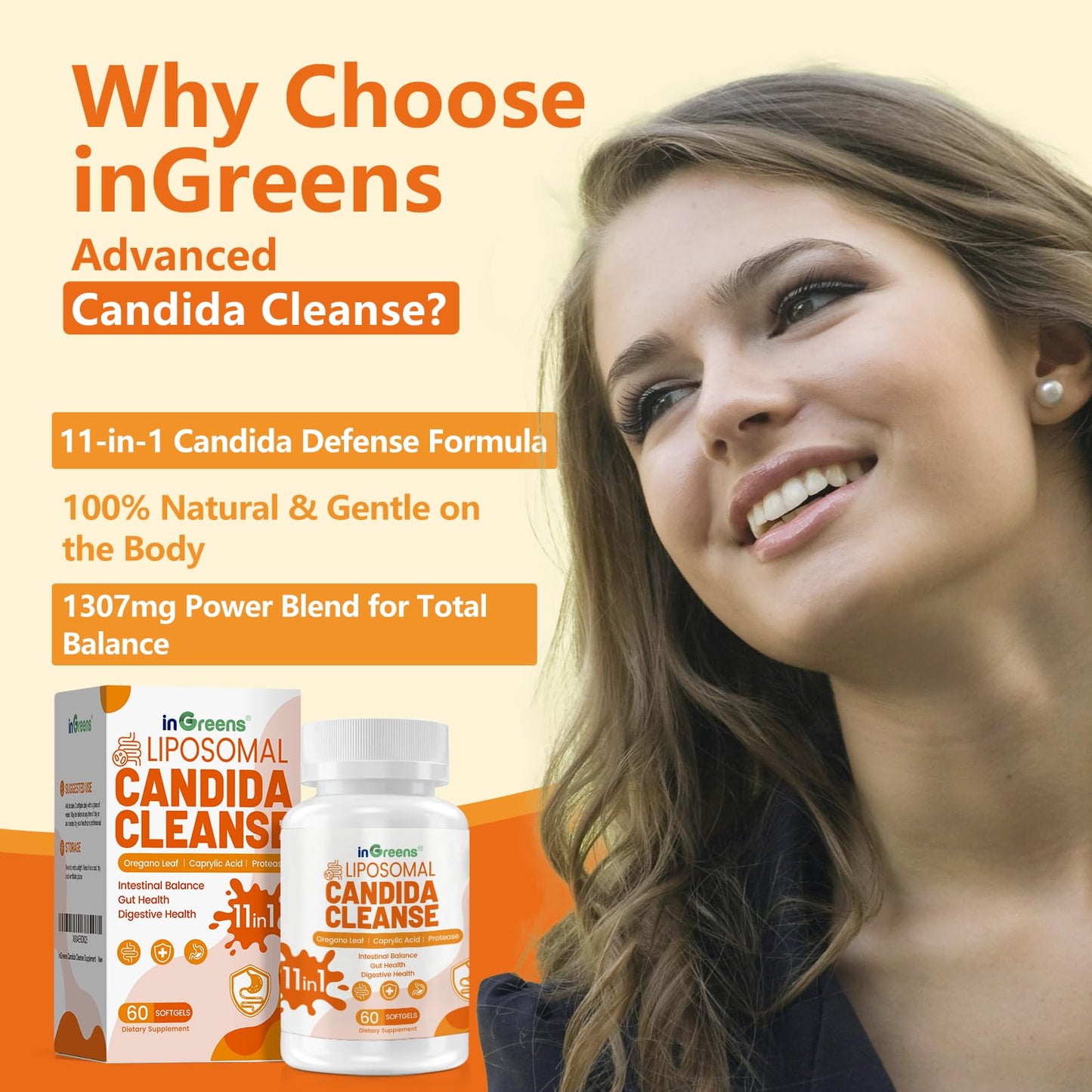 inGreens 11-in-1 Candida Support Supplement, Antifungal Overgrowth, Intestinal Detox & Gut Health for Women & Men, Balance Probiotic