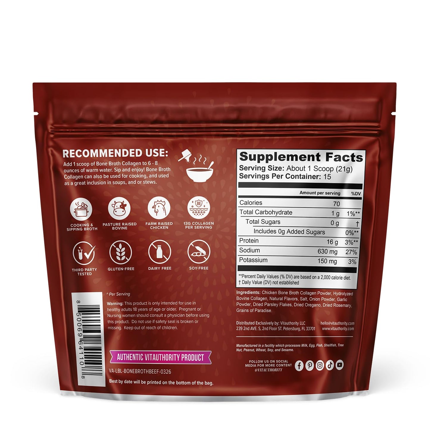 Bone Broth Collagen Powder 16g Collagen Protein per Serving Supports Joints Skin Nails & Gut Health Made from Real Beef Bone Broth Savory Collagen
