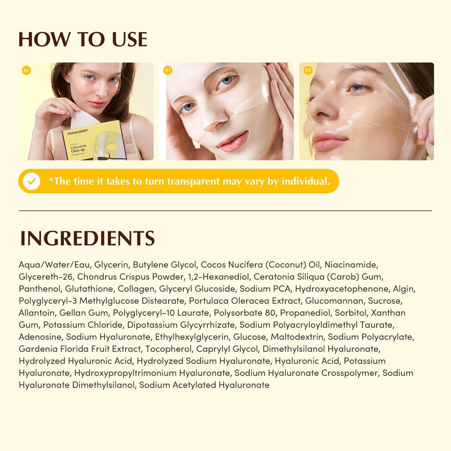 EQQUALBERRY Collagen Glow Up Mask - Niacinamide & Low Molecular Collagen for Brightening and Radiance Boosting | Korean Collagen Face Mask